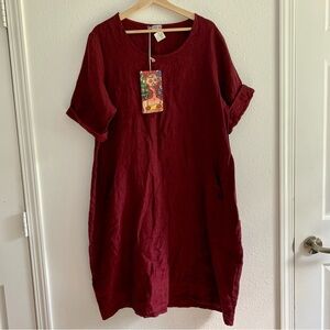 Colette 100% Linen Lagenlook Dress One Size Wine Red Bohemian Artsy Relaxed Fit